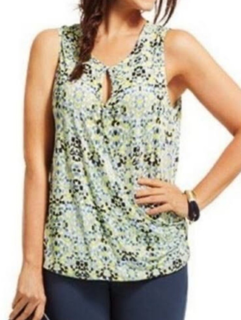 CAbi Keyhole Mosaic Faux Wrap Sleeveless Blouse Lime Green Geometric, Size S